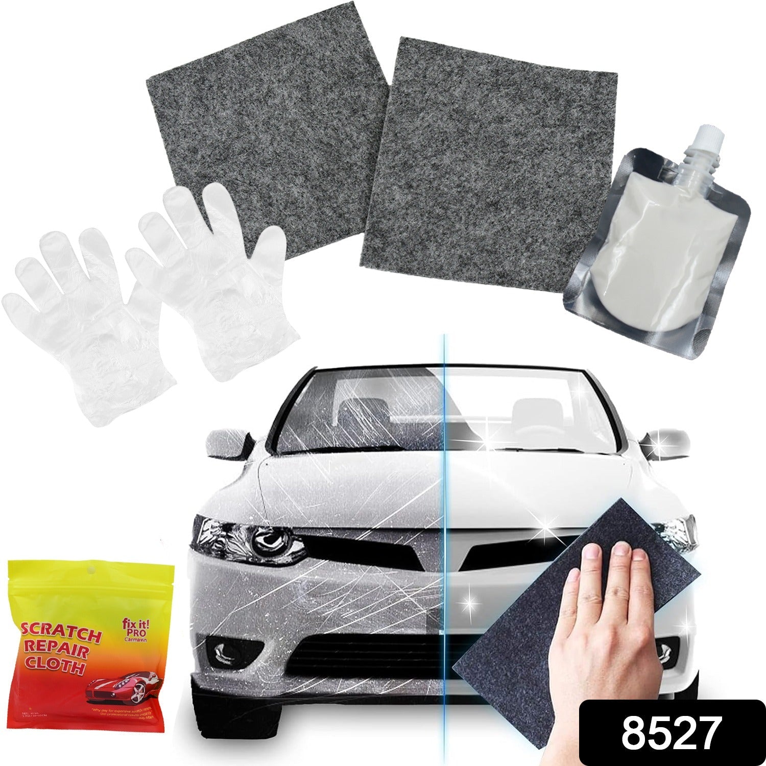 8527 Nano Magic Car Scratch Remover Cloth, Multipurpose Scratch Repair Cloth, Cloth for Car Paint Scratch Repair, Easy to Repair Slight Scratches on the Surface Polishing Repeatable Use for All Kinds of Car (45 ML Repair Solution, 2 Gloves, 2 nano Cloth) 8527 Nano Magic Car Scratch Remover Cloth, Multipurpose Scratch Repair Cloth, Cloth for Car Paint Scratch Repair, Easy to Repair Slight Scratches on the Surface Polishing Repeatable Use for All Kinds of Car (45 ML Repair Solution, 2 Gloves, 2 nano Cloth)